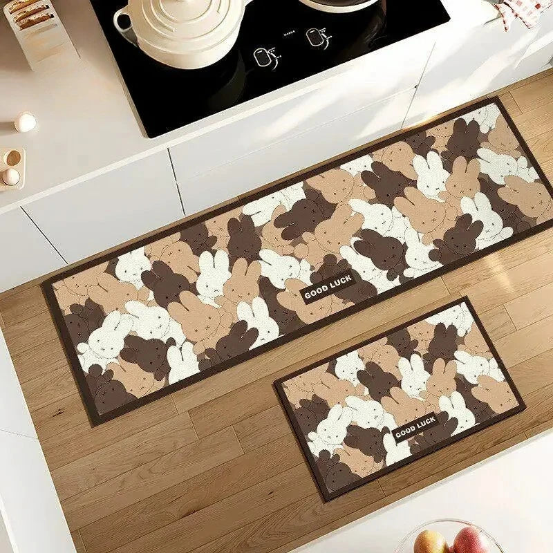 tapis sol cuisine lavable antidérapant motif lapin cartoon mignon absorbant eau beige rose noir