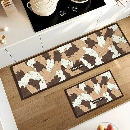 tapis sol cuisine lavable antidérapant motif lapin cartoon mignon absorbant eau beige rose noir