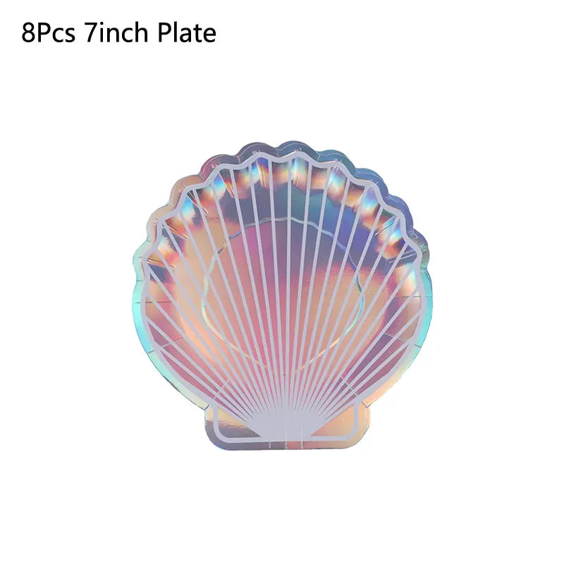 assiettes jetables sirène multicolore gobelets serviettes fête anniversaire thème océan poissons irisés pastel