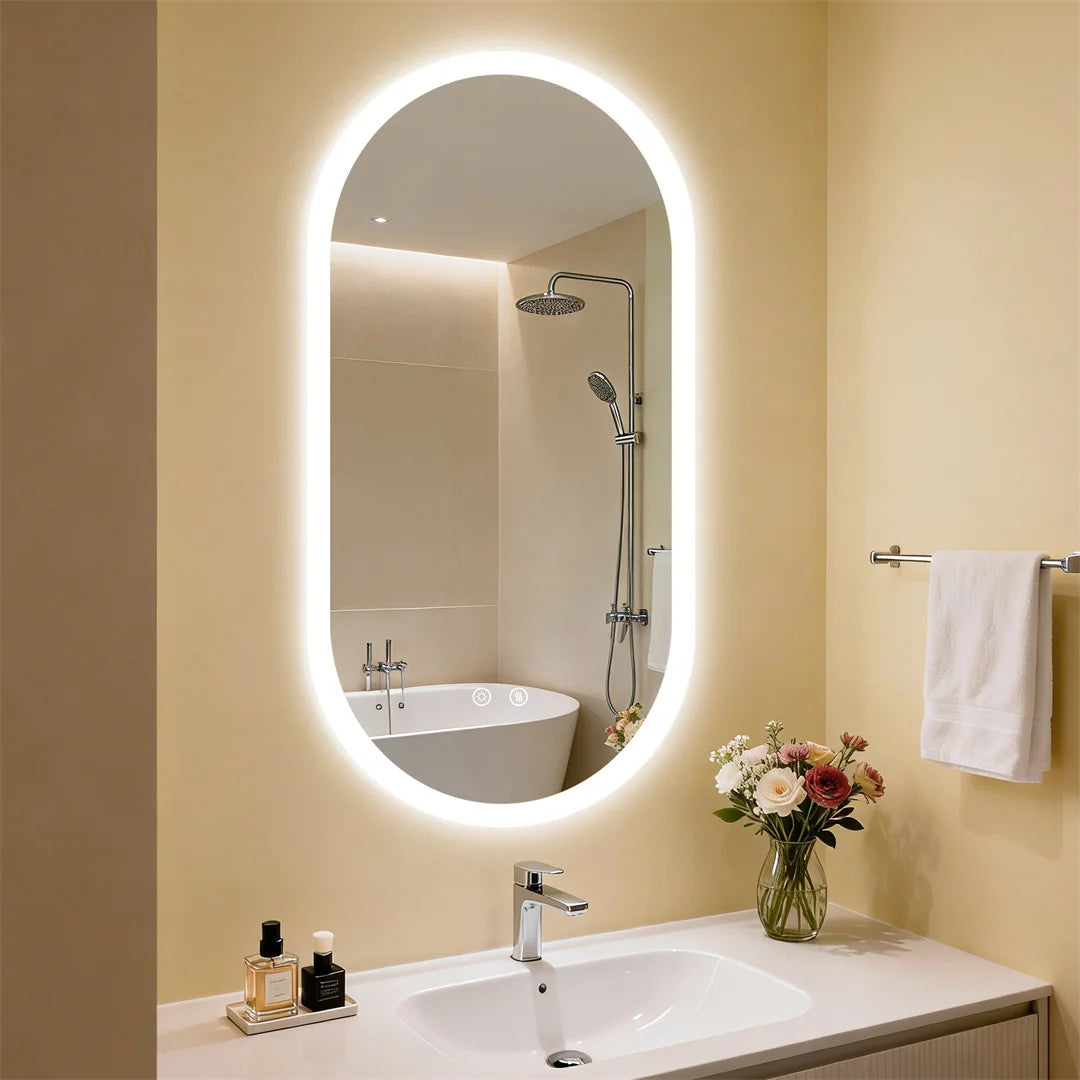 miroir lumineux ovale éclairage led moderne anti buée blanc beige gris