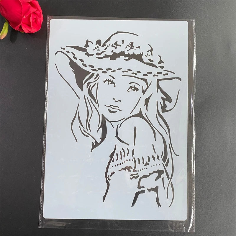 stencil transparent femme chapeau motifs floraux blanc noir bricolage scrapbooking decoration papier découpable artiste