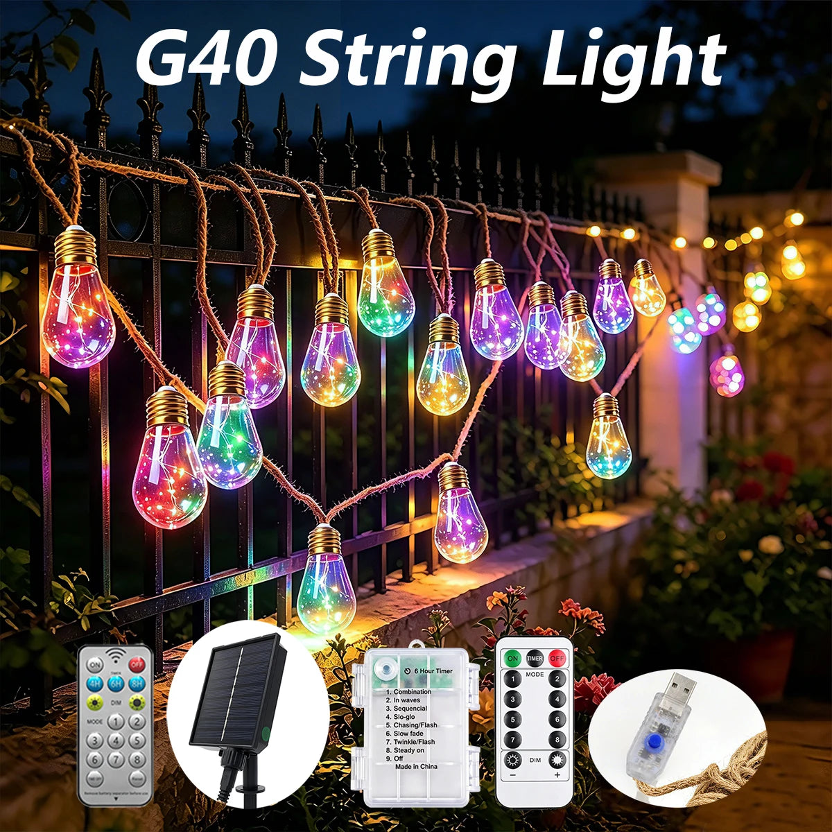 guirlande lumineuse solaire transparente vintage 16 ampoules g40 câble tressé télécommande ip65
