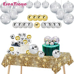 décoration fête disco boules miroirs nappes géométriques argentées dorées turquoises noires