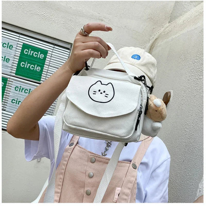 sac bandoulière femme toile imprimé chat blanc moderne décontracté polyvalent