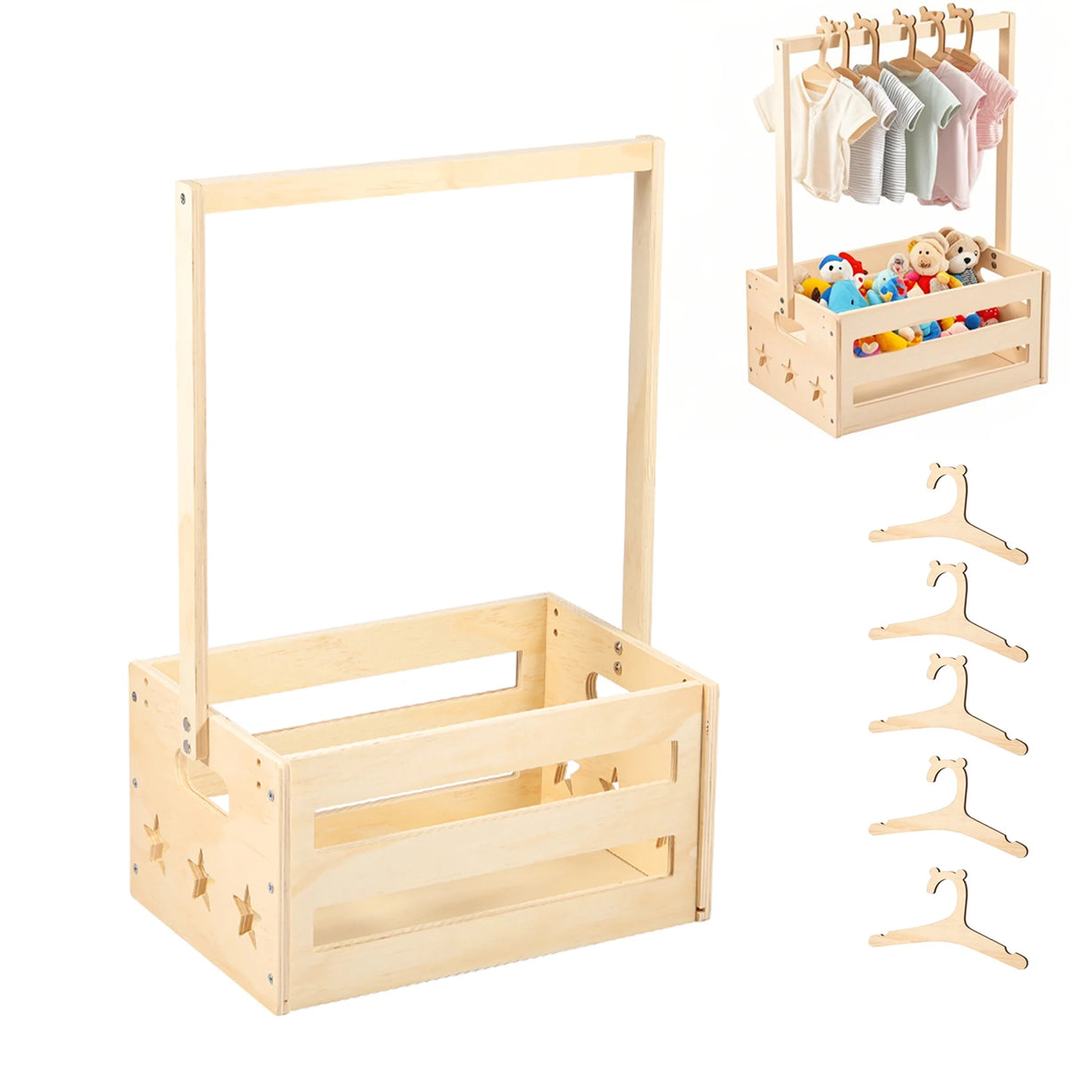 boîte rangement bébé bois étoiles gravées rustique pinces vêtements organisation jouets chambre enfant