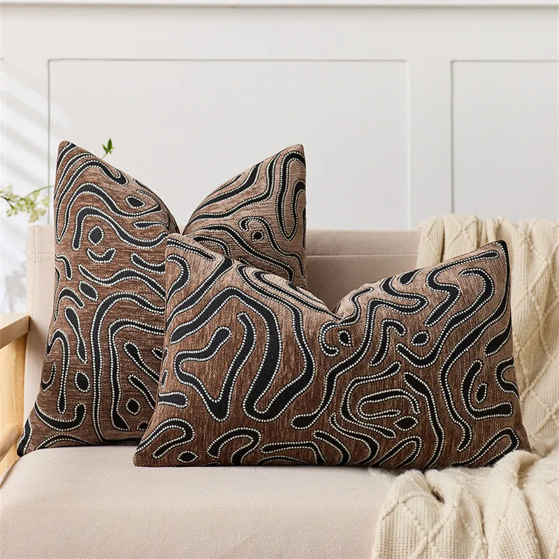 lot deux housses coussin chenille motif abstrait moderne canapé salon décoratif