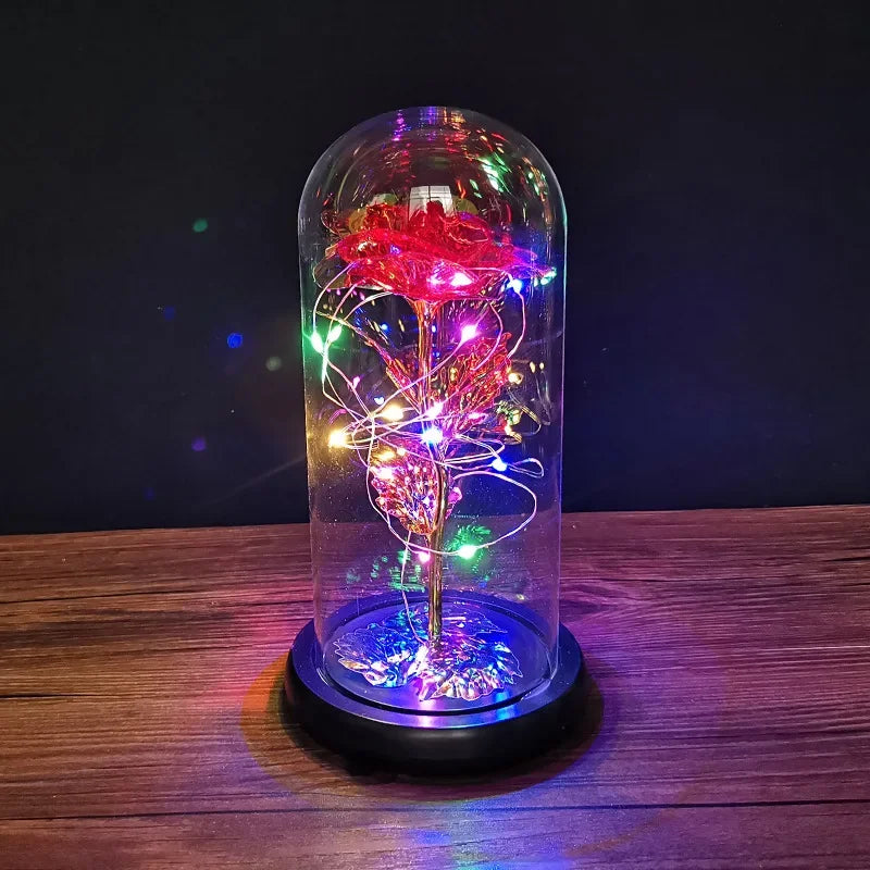 veilleuse led rose artificielle cloche verre éclairage couleur variée base noire