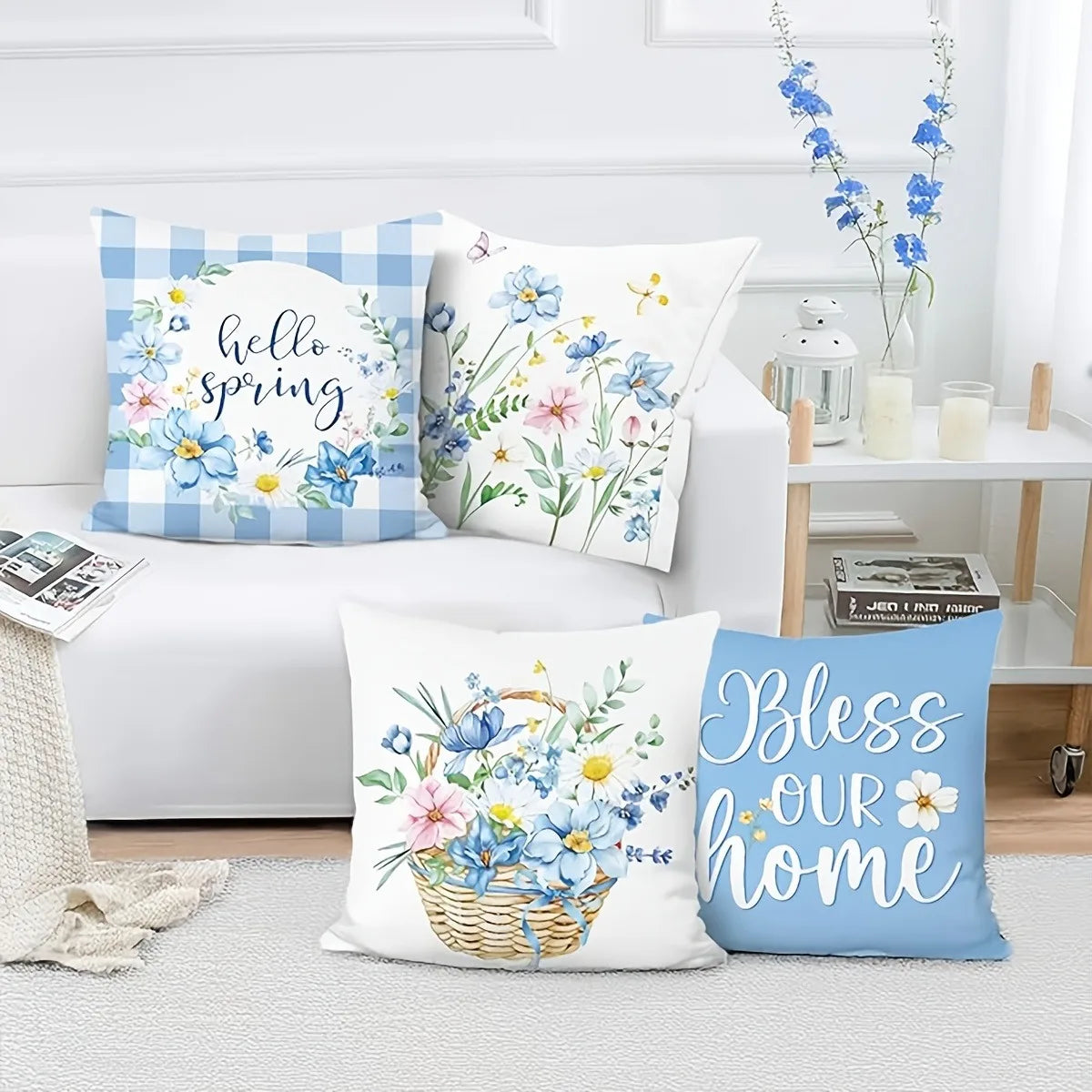 housse coussin polyester floral printemps bleu blanc vert lit salon voiture