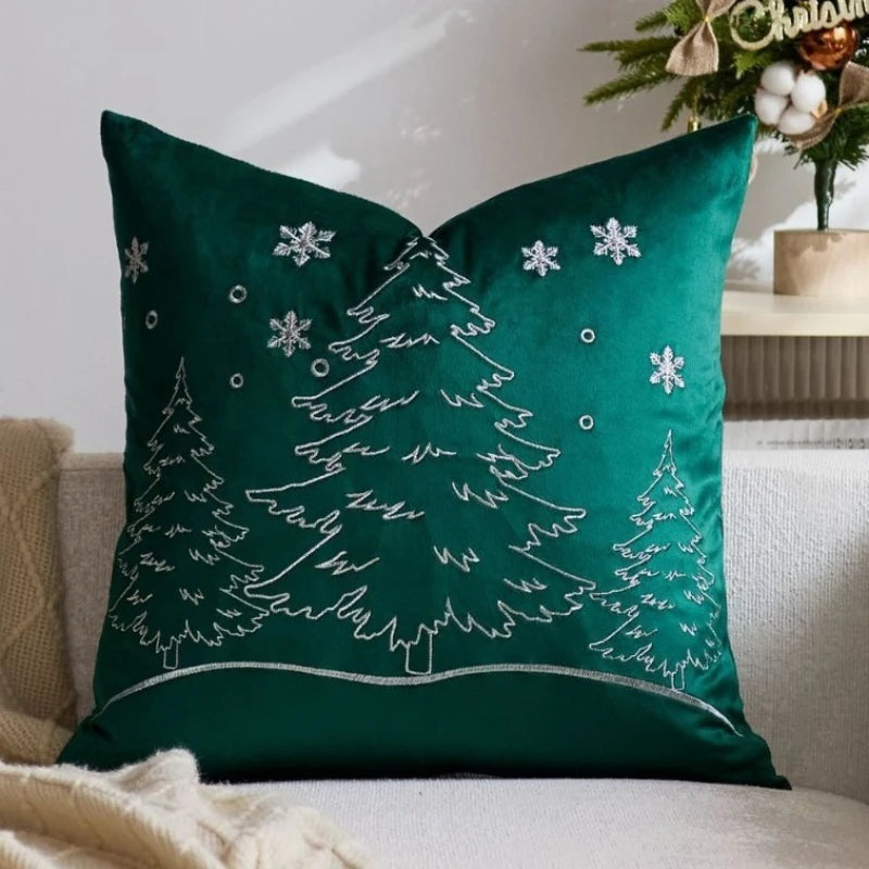 housse coussin brodée arbre noël moderne 45x45cm polyester coton velours rouge vert bleu gris
