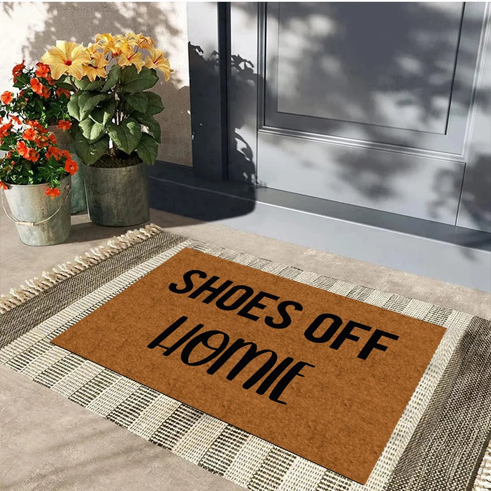 tapis d'entrée marron clair texte shoes off homie moderne antidérapant imperméable résistant bactéries extérieur