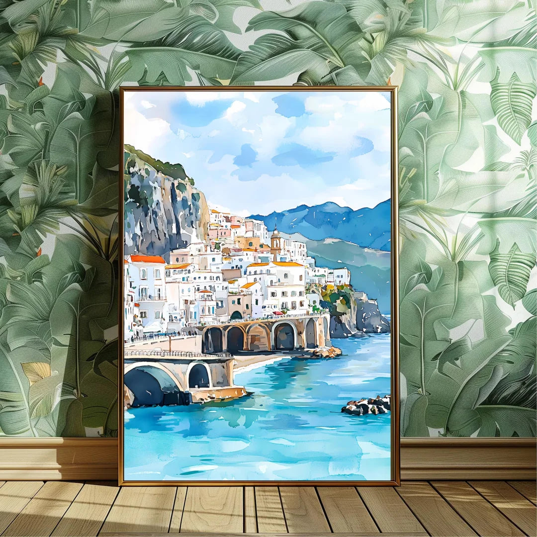 tableau paysage urbain amalfi coast italien bleu blanc vert beige montagnes rivière pont peinture