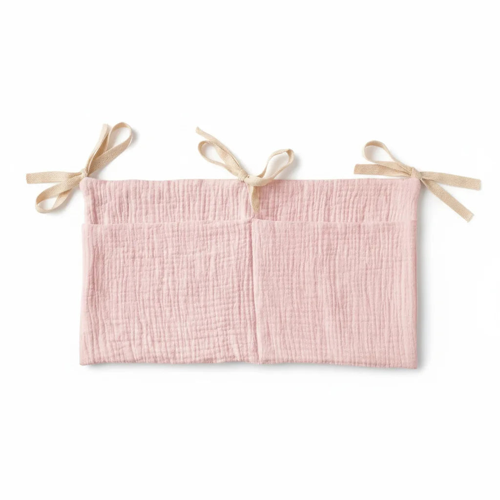 sac rangement lit bébé coton beige bleu rose simple rubans sécurité