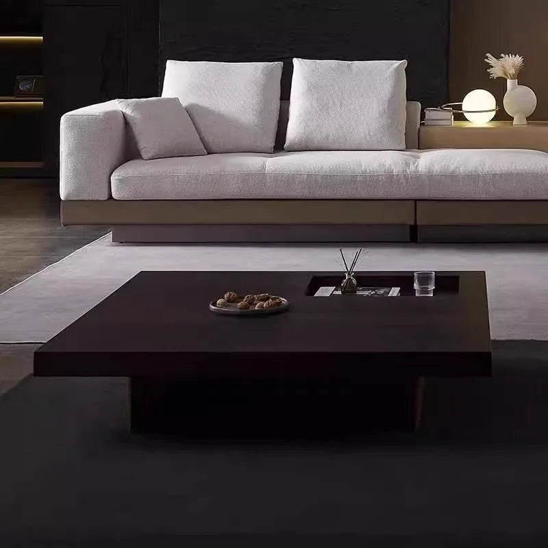 table basse moderne minimaliste bois texturé gris clair marron foncé salon