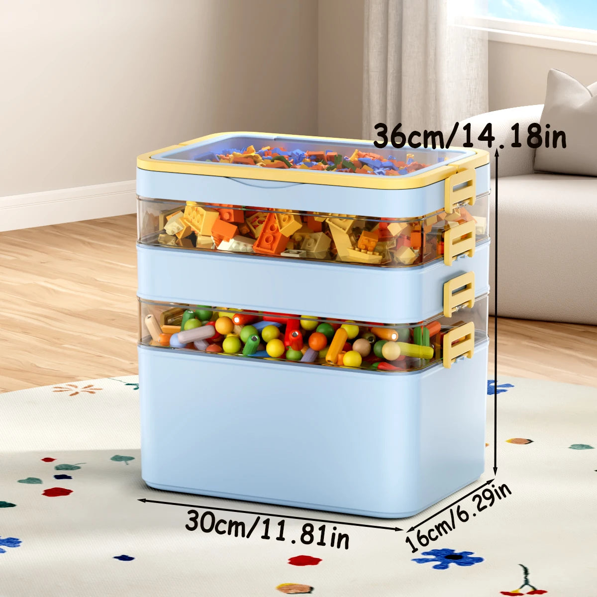 boîtes rangement transparentes empilables jouets colorés moderne poignées vert rose jaune