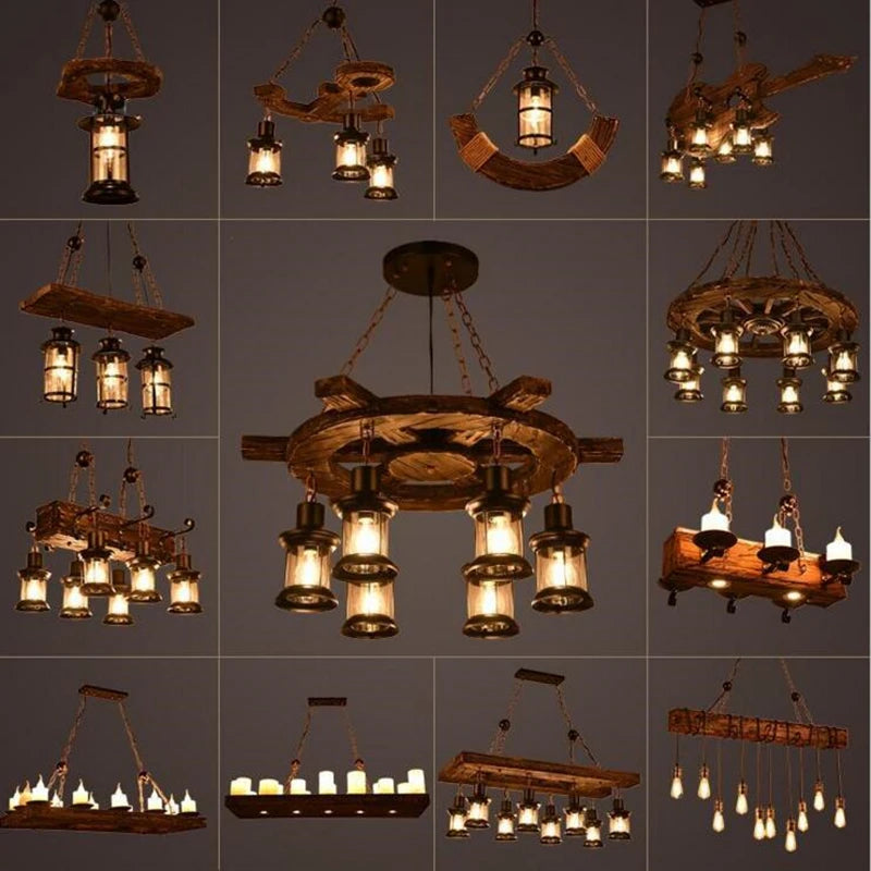 suspension lumineuse bois naturel ampoule filament industriel rustique verre translucide