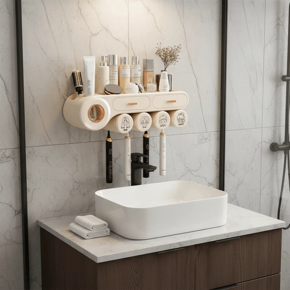 rangement mural blanc tiroirs adhésifs brosses dents produits cosmétiques moderne salle bain