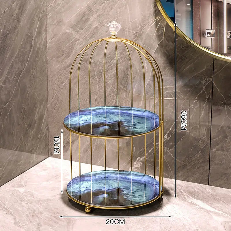 cage bijoux moderne or noir marbre élégante pinceau maquillage flacons cosmétiques diverse ornementalité respectueux