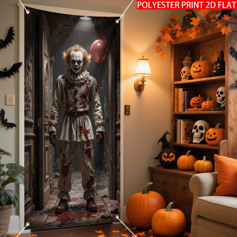 décoration murale halloween poster clown macabre citrouille squelette toile d'araignée gris rouge noire