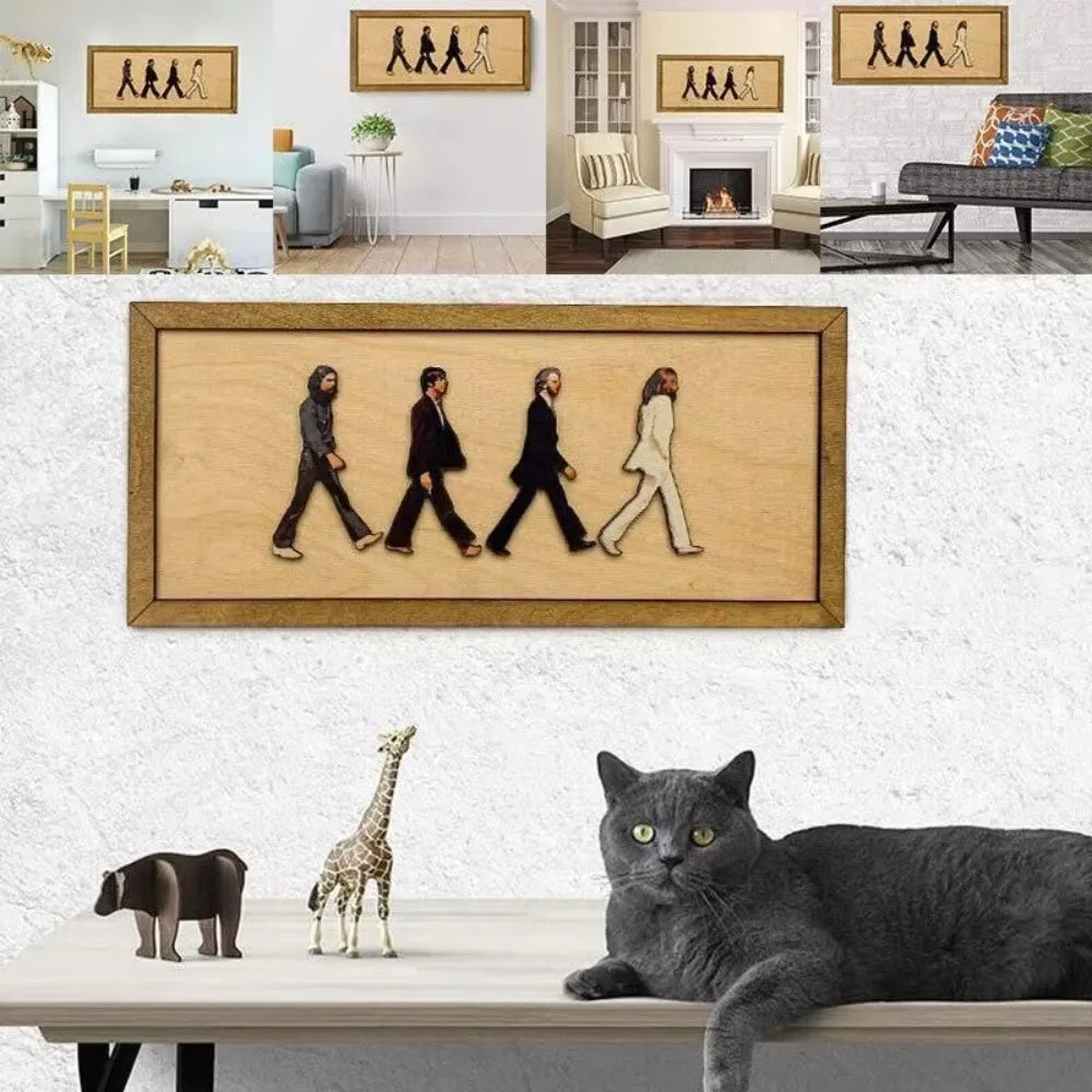 décoration murale bois clair beatles abbey road pop art vintage silhouettes murales