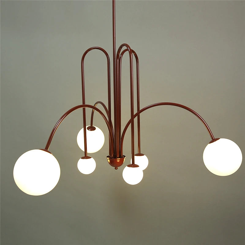 lustre moderne rouge noir doré sphères blanches opaques suspension salon chambre