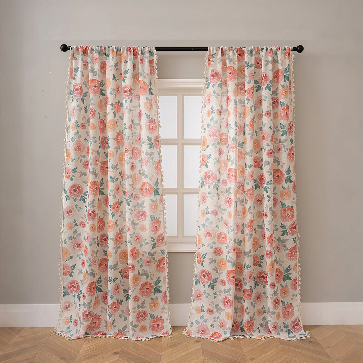 rideau fleuri polyester translucide classique franges beige rose vert bleu maison