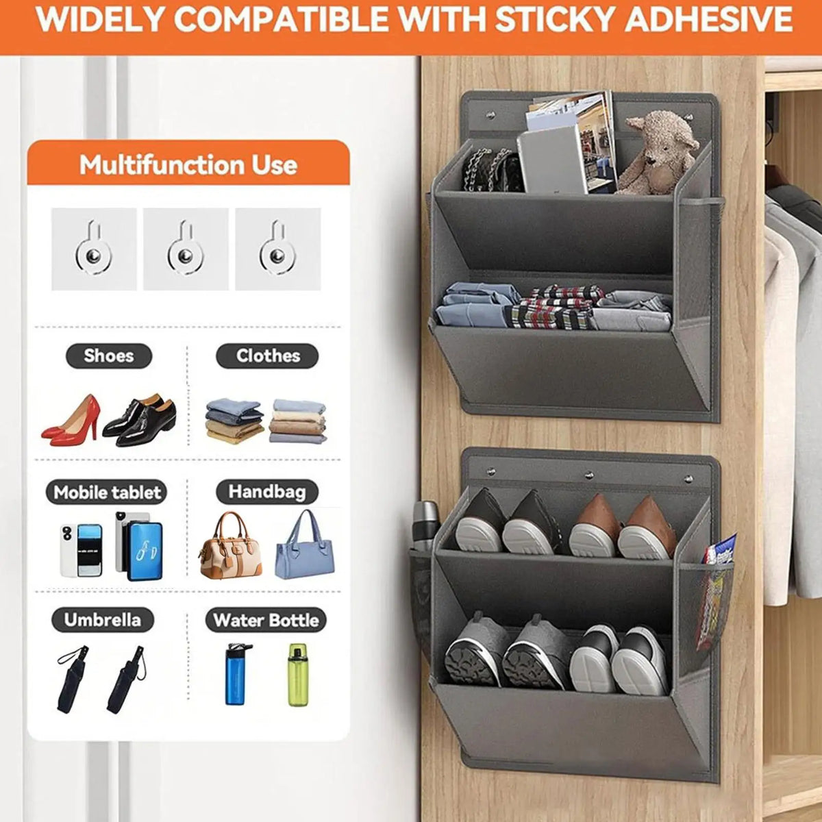 rangement mural adhésif poches gris foncé minimaliste fixations instructions.storage organizer