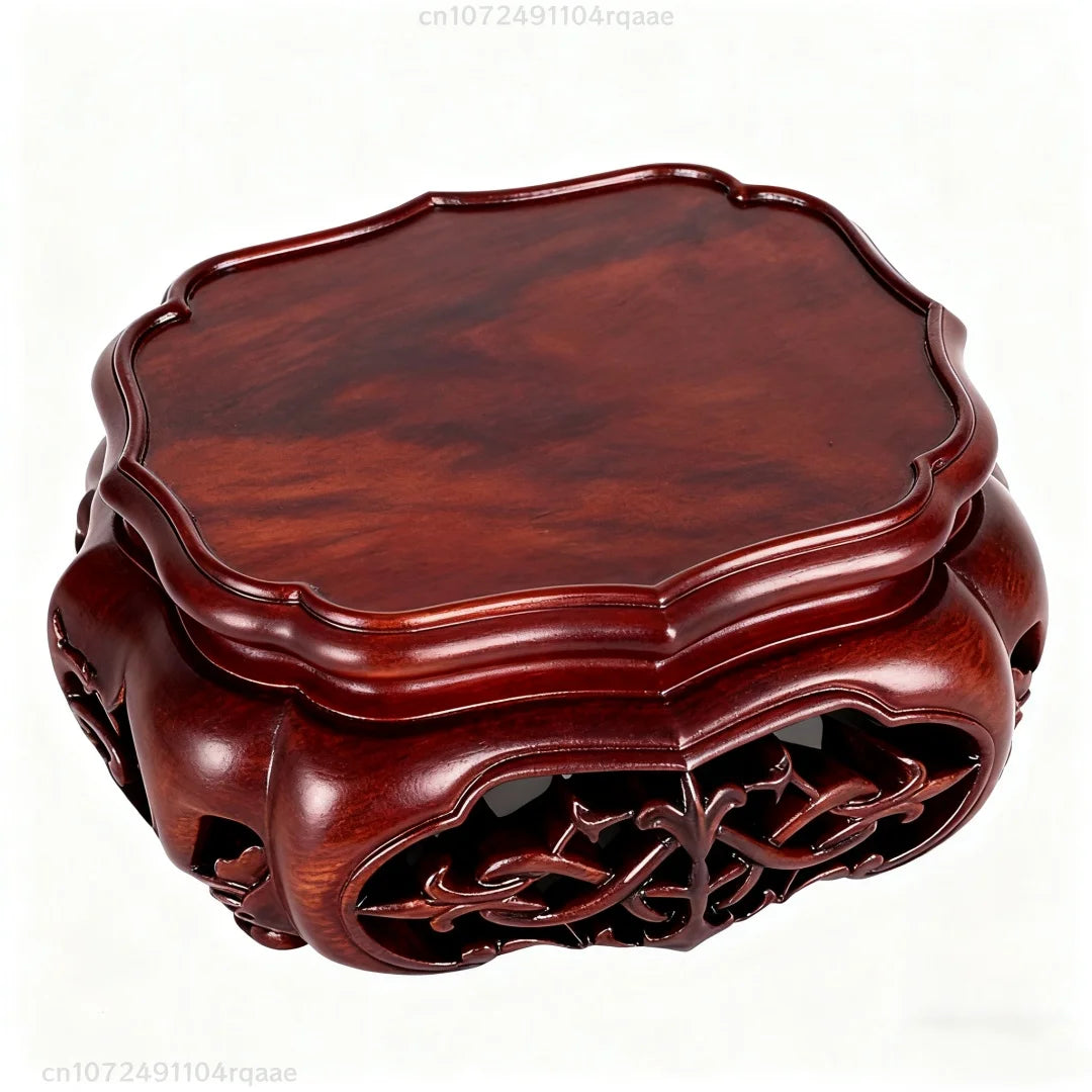 support décoratif bois gravures classique vase pot fleur tasse thé rouge foncé