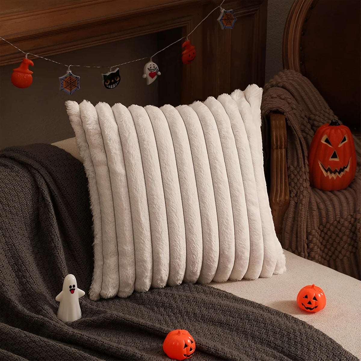 coussin housse fourrure vert rayé adhésif decoration noel canape lit confortable soft 45x45