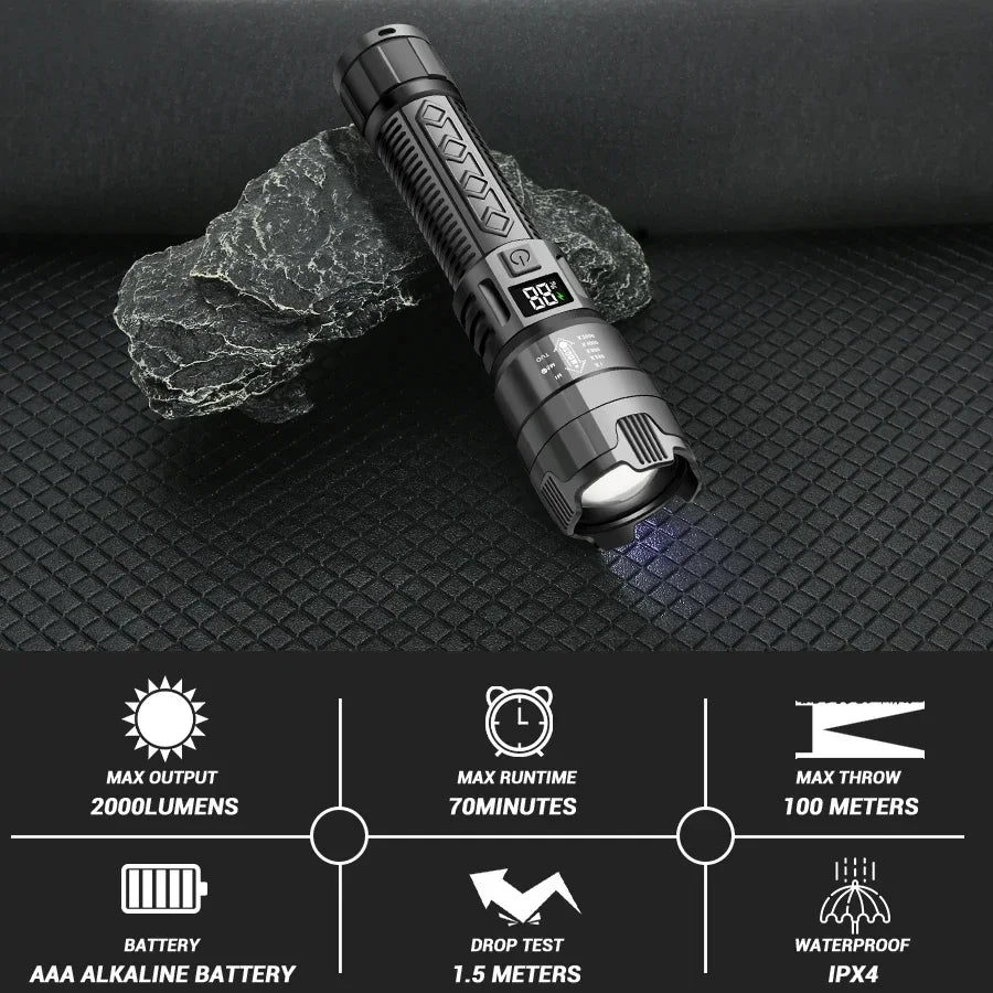 torche tactique rechargeable led 2000lm ipx4 moderne noire texturée camping