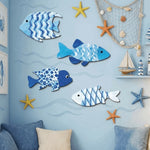 décoration murale poissons bois marin bord mer vieilli abstrait océan nautique étoiles coquillages filets