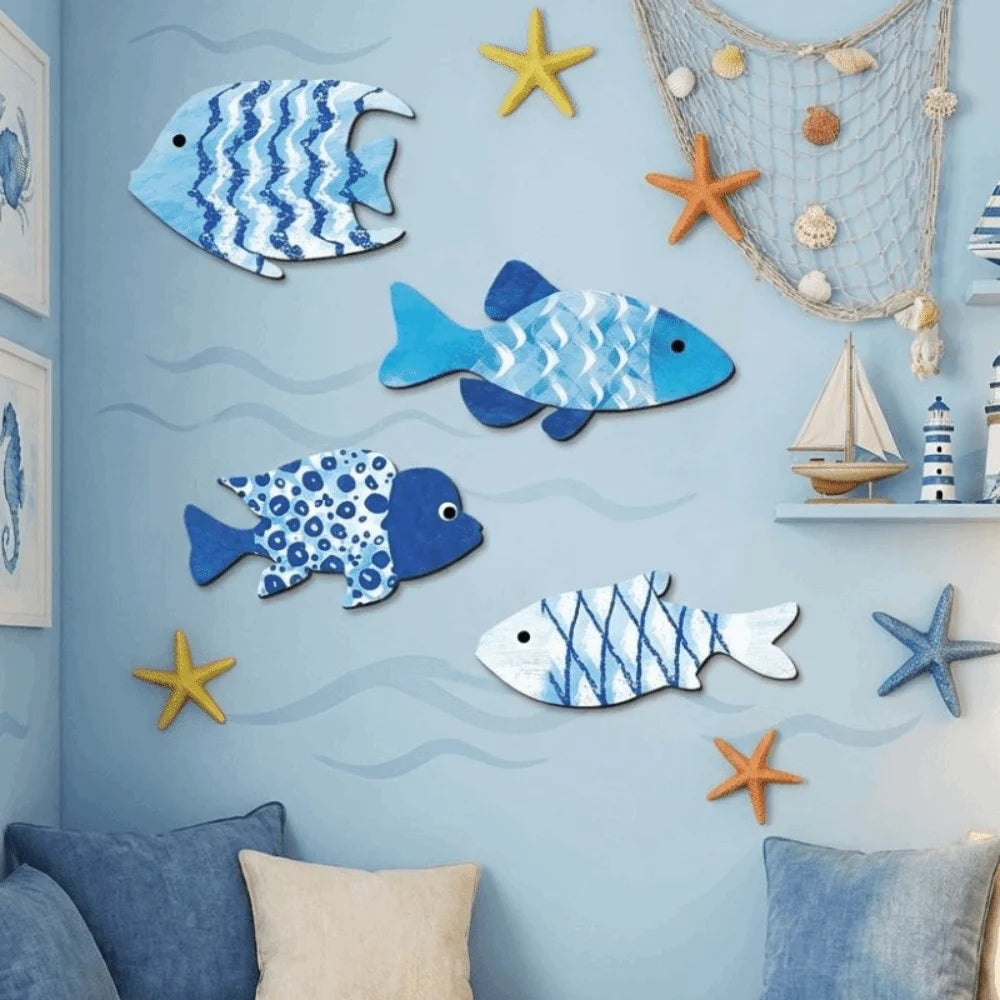 décoration murale poissons bois marin bord mer vieilli abstrait océan nautique étoiles coquillages filets