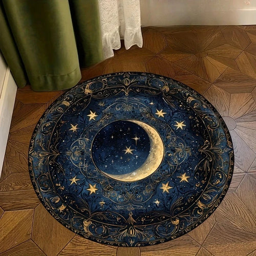 tapis rond lune étoiles bleu nuit doré astrologique mystique moderne 60x60cm 80x80cmextérieurintérieur
