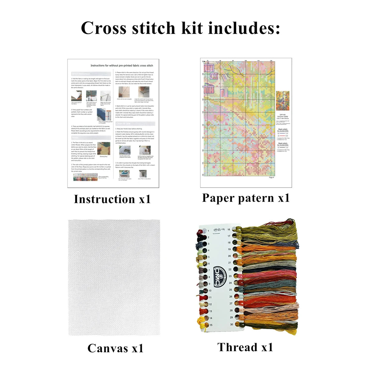 kit broderie points croix fleurs feuilles clôture paysage artisanal couleurs vives toile coton fils
