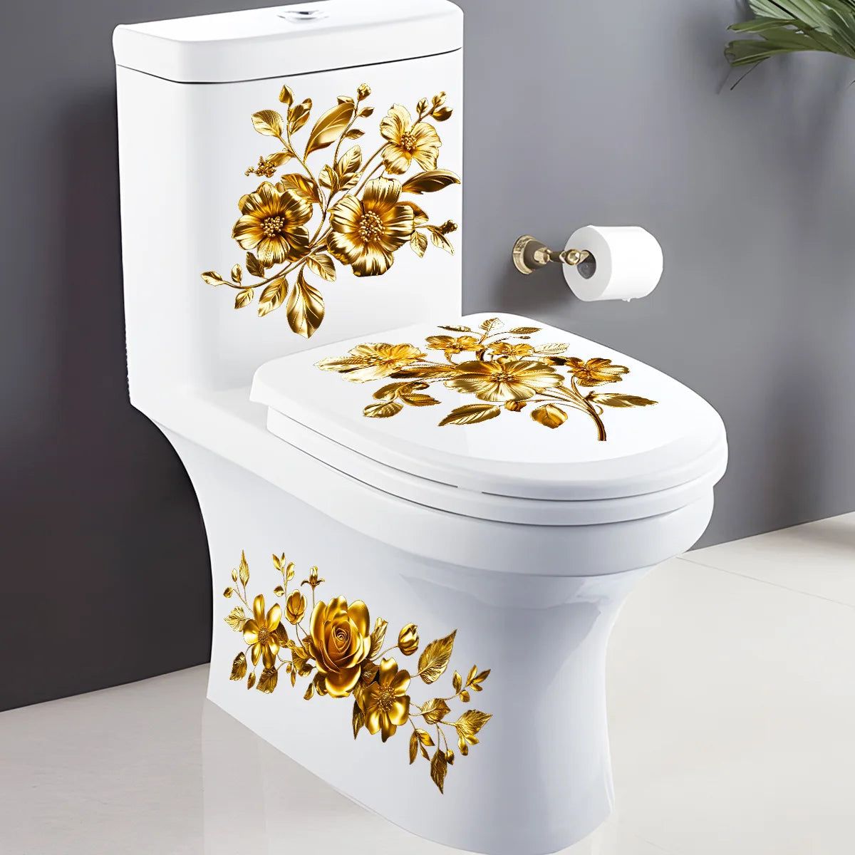 sticker decoratif or fleurs 3d adhesif toilette reservoir siege salle bain
