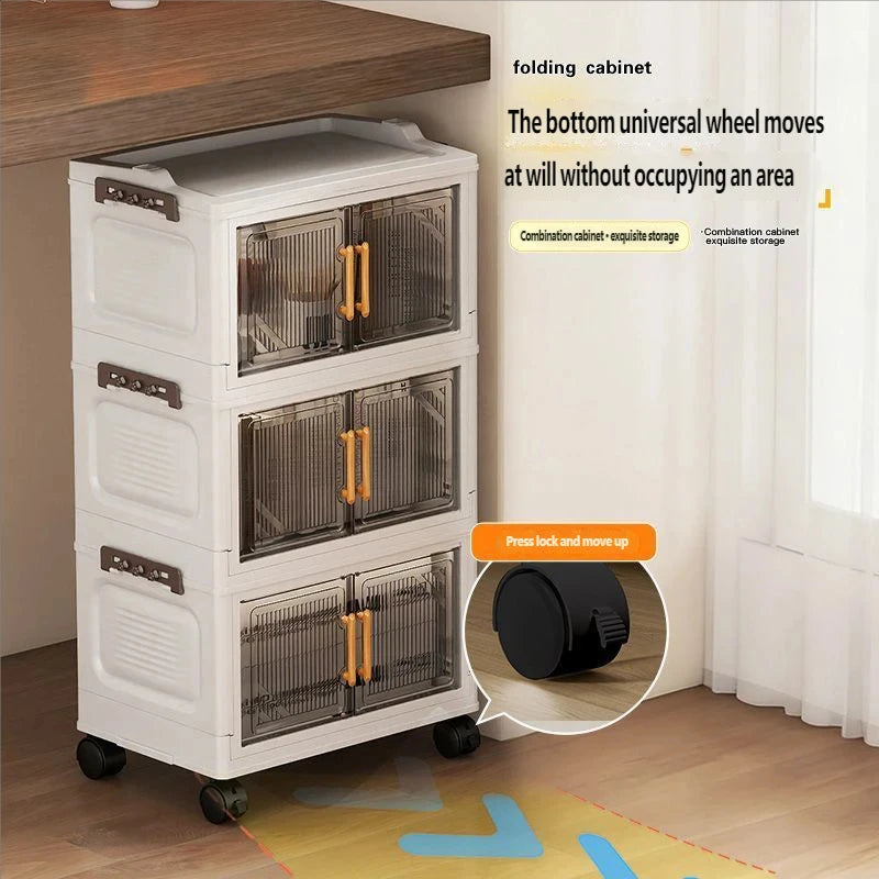 meuble rangement pliable blanc roulettes portes poignées dorées vêtements