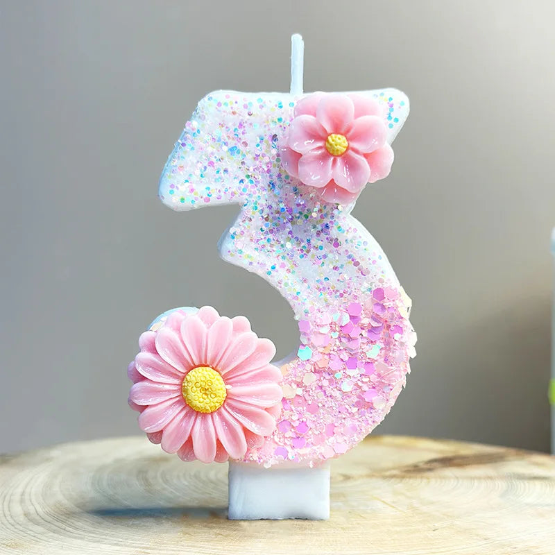 bougies numéraires forme chiffres paillettes fleurs roses centrer jaune decoration anniversaire maison festive