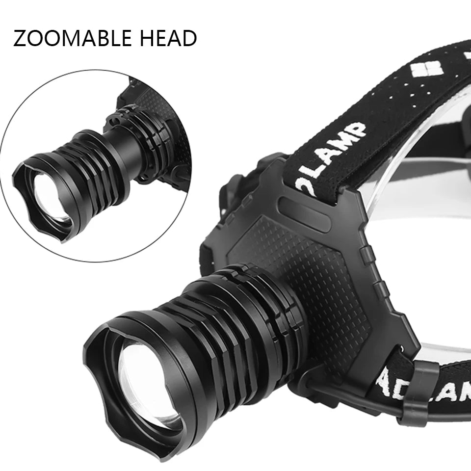 lampe frontale led rechargeable usb 8000lm zoom étanche camping pêche nuit ceinture ajustable noire
