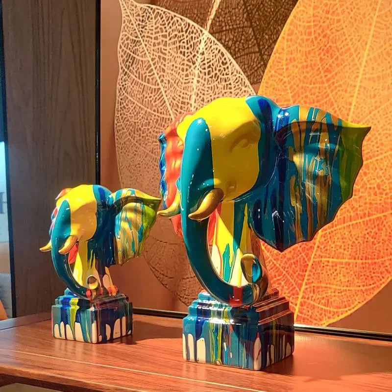 statues éléphants décoratives résine couleurs bleu rouge jaune moderne artistique opaques