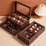boîtes montres bois foncé grain naturel classique boutons dorés montres bracelets bijoux