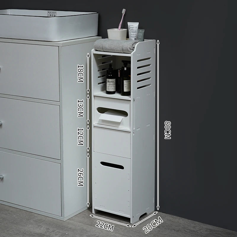meuble rangement salle bain blanc moderne tiroir déchets étagères étroites