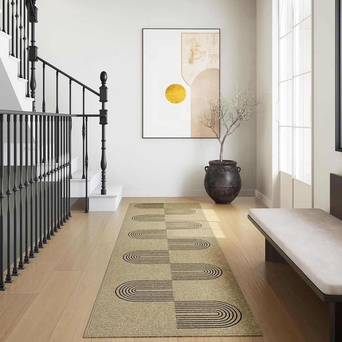 tapis sol antidérapant imperméable résistant saleté polyester PVC moderne minimaliste beige lignes noires