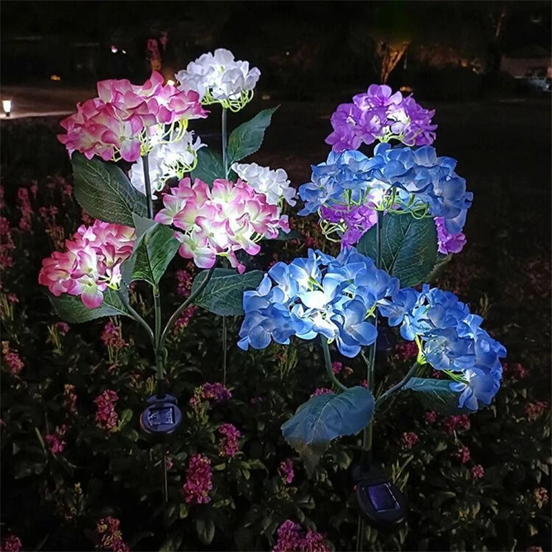 lampe solaire bleue rose blanche violette fleurs hortensias piquet métallique extérieur moderne