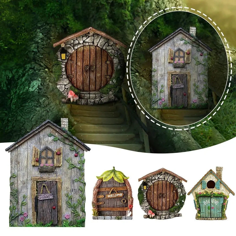 décoration extérieure porte fée bois feuilles pierre adhésif bienvenue fantaisie rustique jardin ornement
