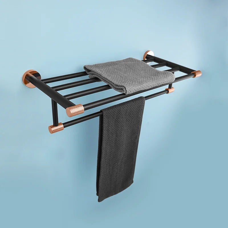 accessoires salle bain moderne porte serviettes noir cuivre doré fixations murales minimalistes