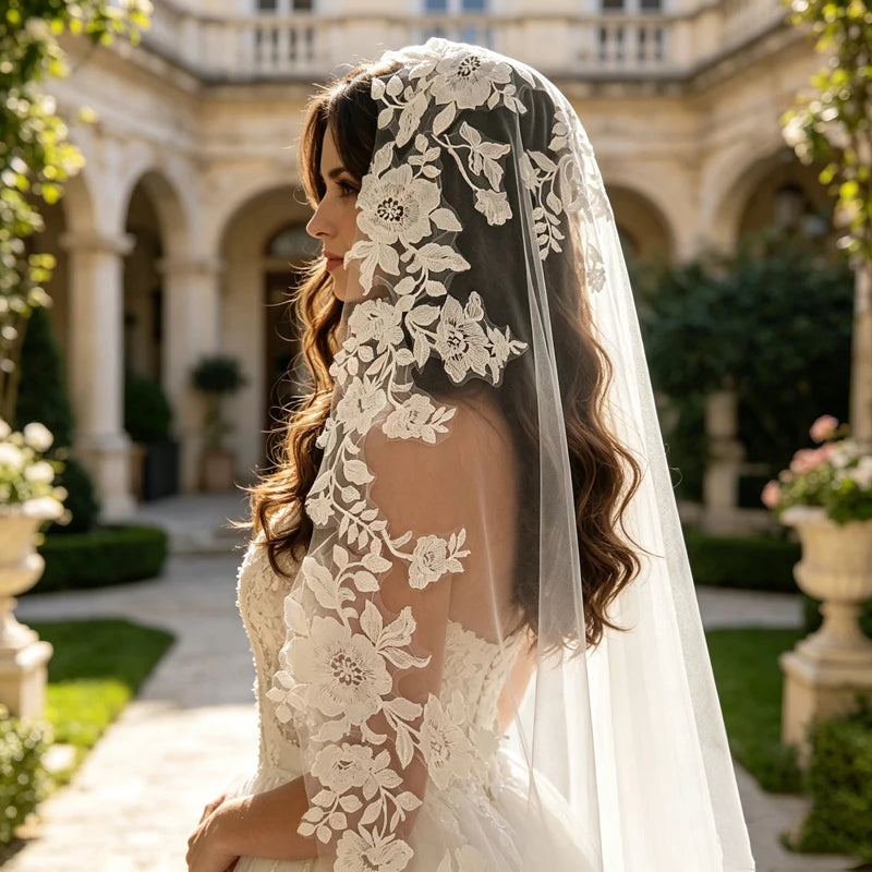 voile mariée blanc broderie florale classique cathédrale dentelle translucide femme