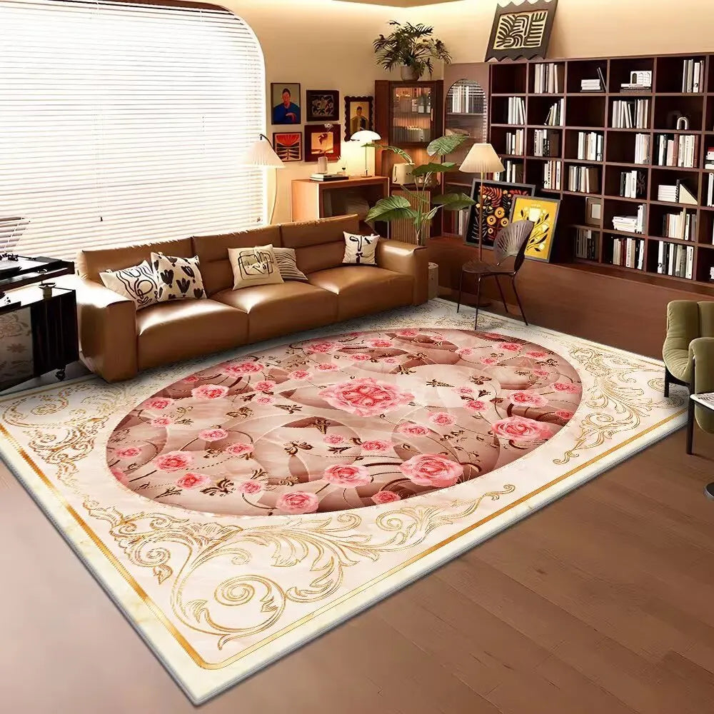 Ce tapis rond orné de motifs floraux roses et de décorations dorées apporte une touche de chaleur et de raffinement à cette pièce moderne et élégante.