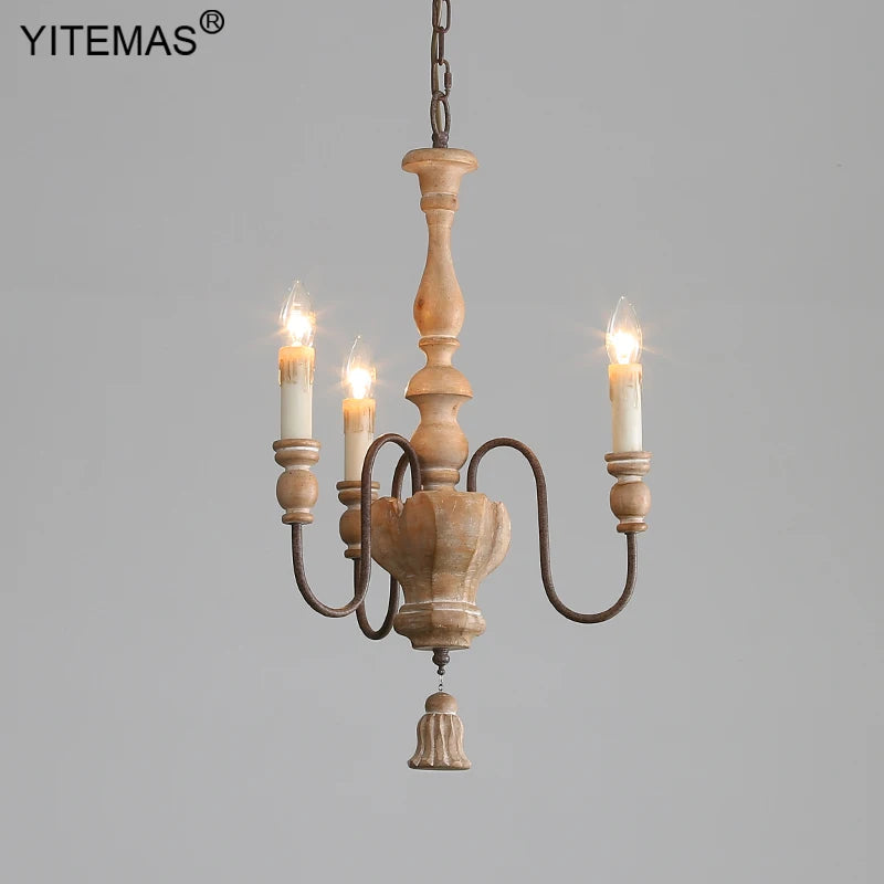 lustre vintage rustique bois naturel métal noir trois lumières suspension entrée couloir