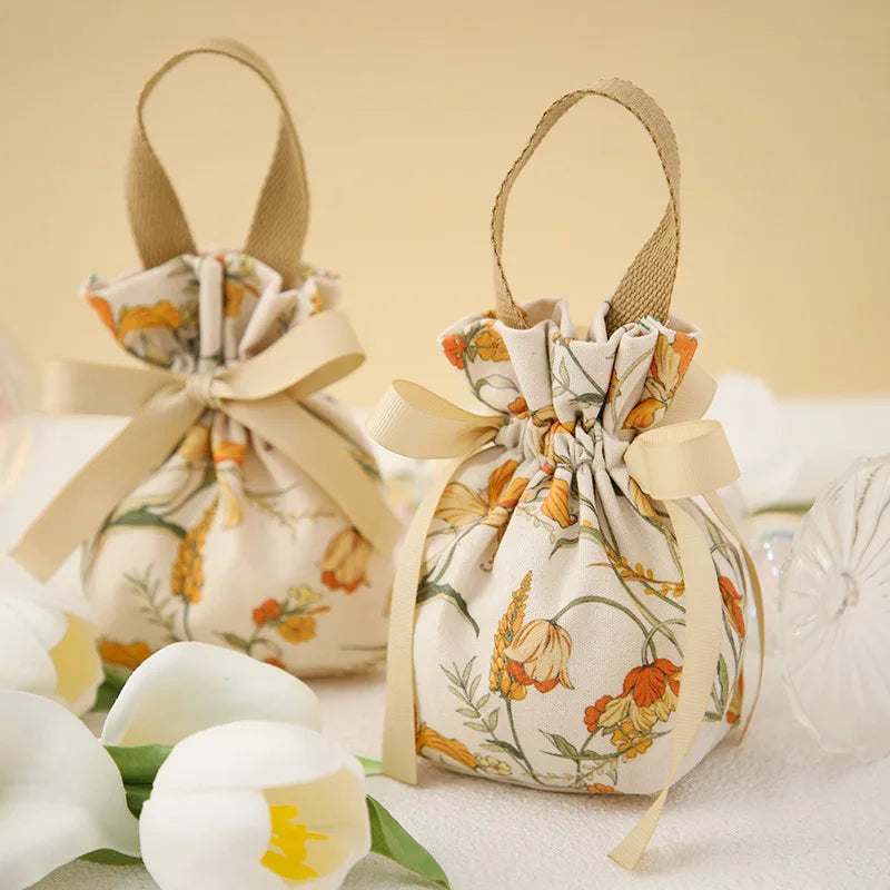 sac bonbons portable toile motif floral ruban blanc réutilisable emballage cadeau mariage anniversaire noël