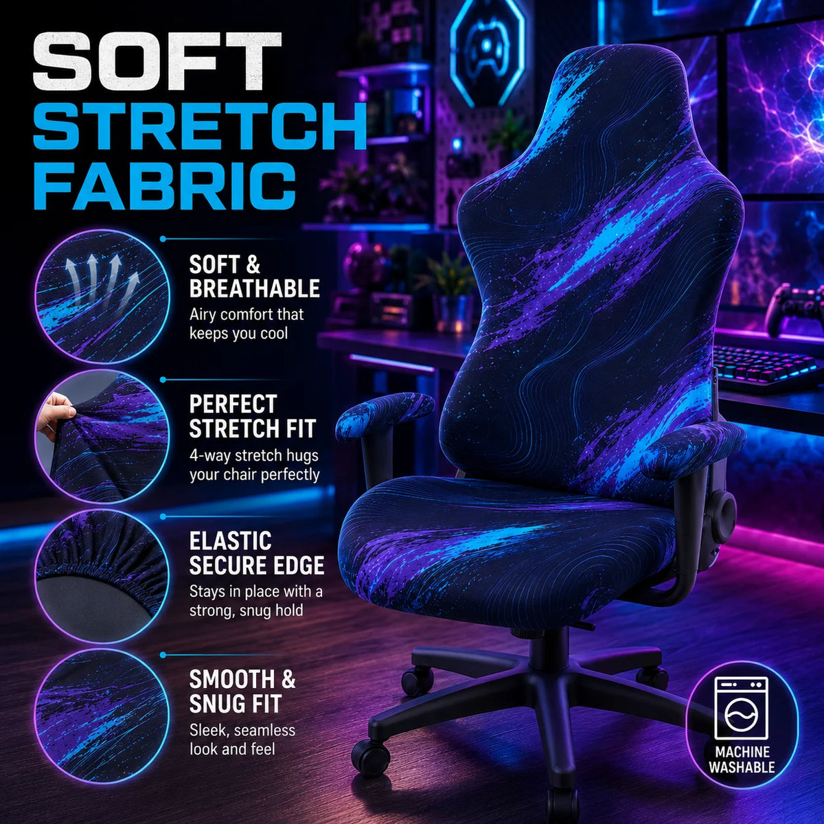 housse chaise jeu moderne bleu noir rayures ondulées imperméable anti rayures extensible esports