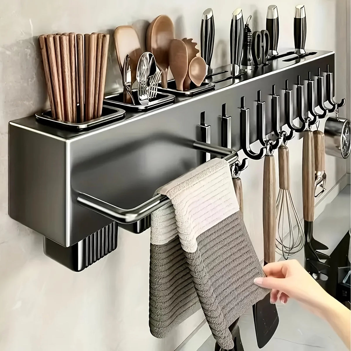 porte outils mural adhésif gris métallisé moderne 12 crochets barre serviettes